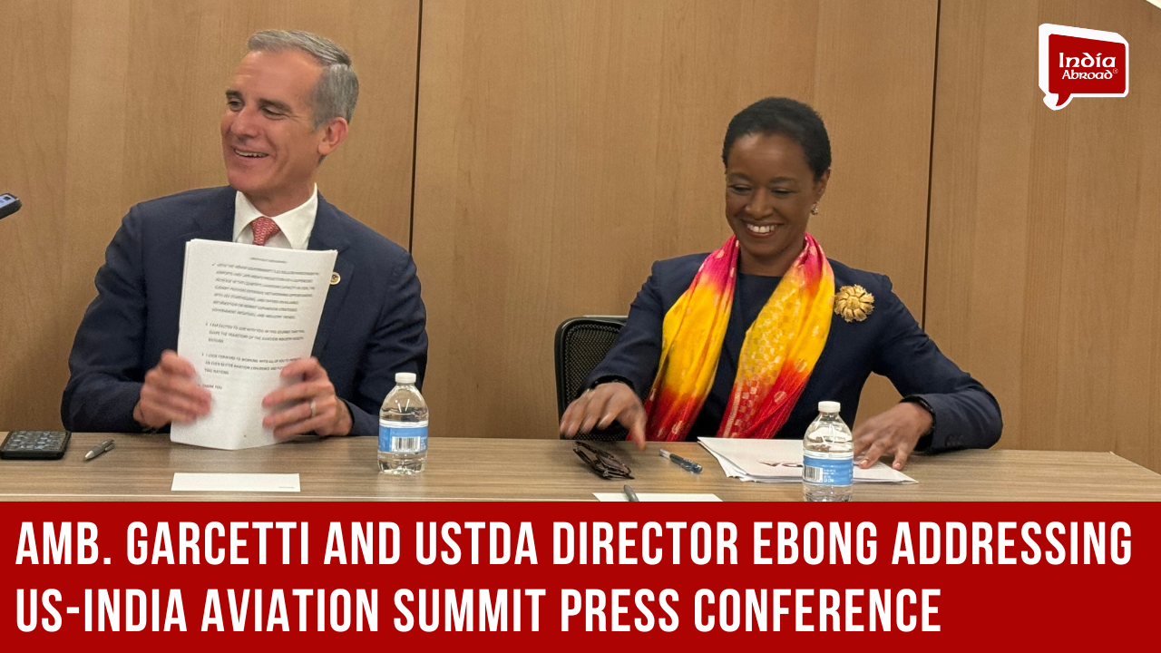 Amb. Garcetti and USTDA Director Ebong addressing US-India Aviation Summit press conference